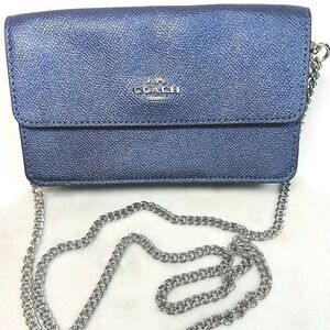Coach Leather Wallet Clutch Zip Fold Over Chain‎ Strap Metallic Multicolor